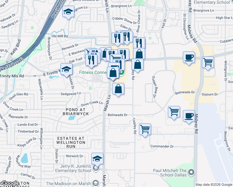 map of restaurants, bars, coffee shops, grocery stores, and more near 2808 Trinity Square Drive in Carrollton