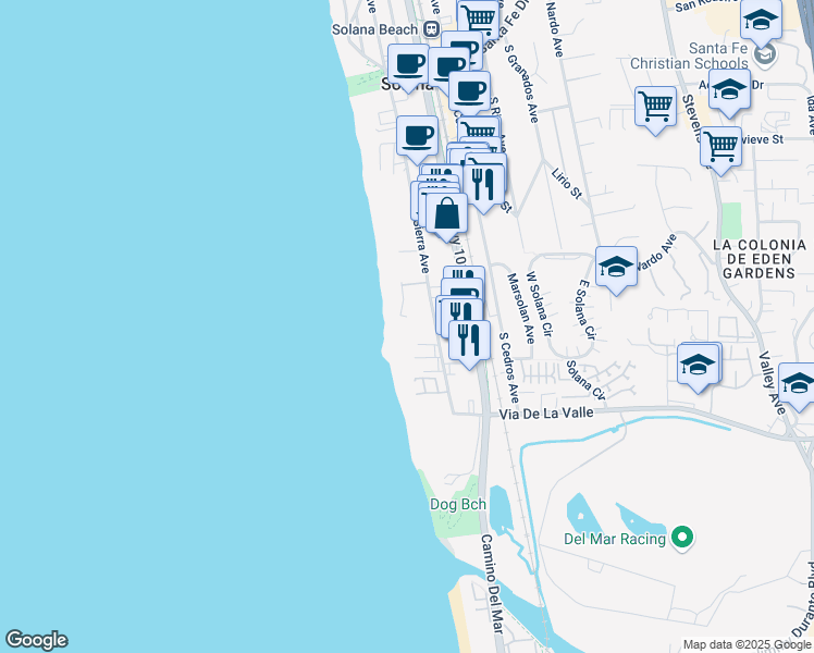 map of restaurants, bars, coffee shops, grocery stores, and more near 675 South Sierra Avenue in Solana Beach