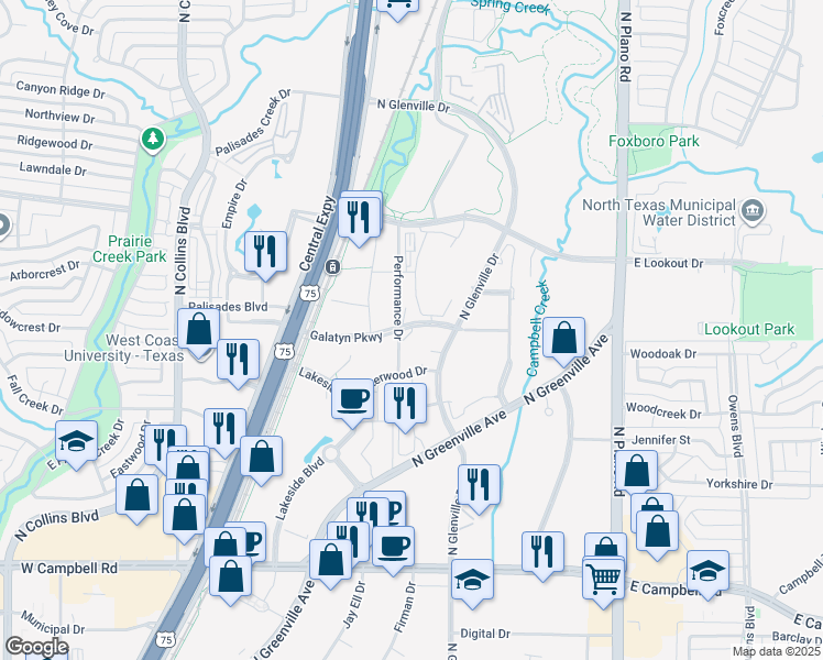 map of restaurants, bars, coffee shops, grocery stores, and more near 1011 Galatyn Parkway in Richardson