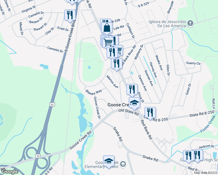 map of restaurants, bars, coffee shops, grocery stores, and more near 107 Marion Avenue in Goose Creek