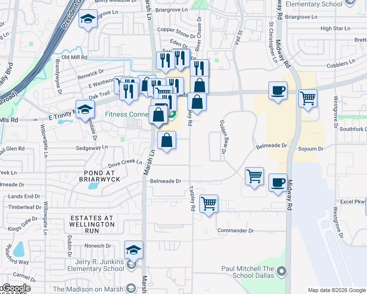 map of restaurants, bars, coffee shops, grocery stores, and more near 2808-2898 Trinity Square Dr in Carrollton