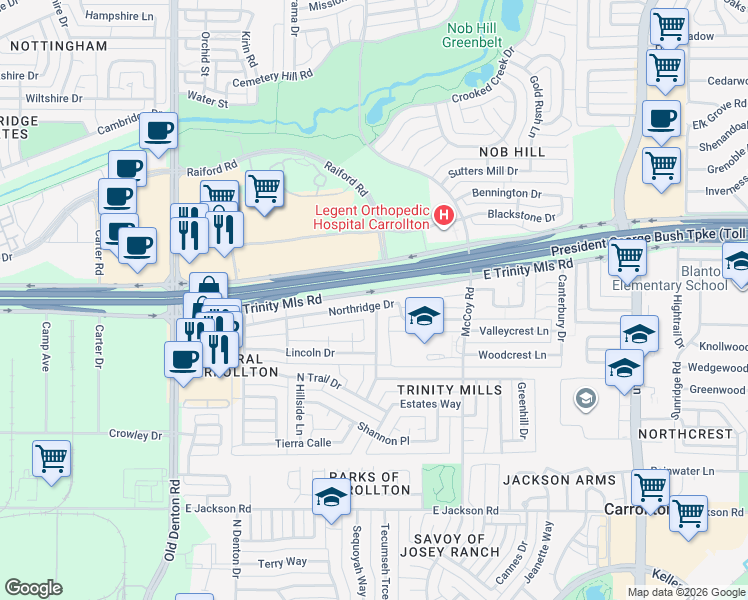 map of restaurants, bars, coffee shops, grocery stores, and more near 1429 Northridge Drive in Carrollton