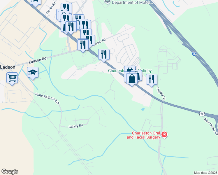 map of restaurants, bars, coffee shops, grocery stores, and more near 9525 Highway 78 in Ladson