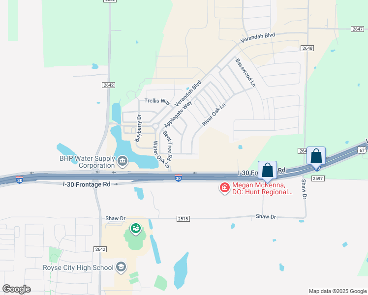 map of restaurants, bars, coffee shops, grocery stores, and more near 1117 River Oak Lane in Royse City