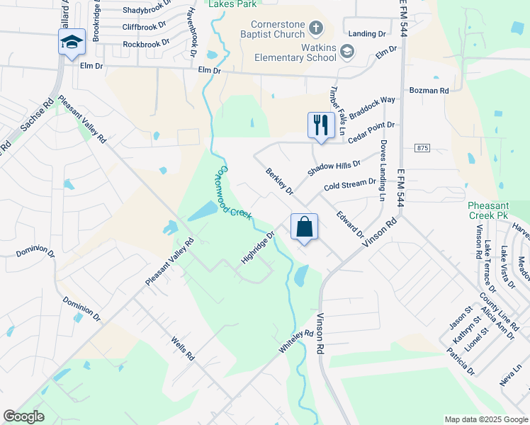 map of restaurants, bars, coffee shops, grocery stores, and more near 1100 West Drive in Wylie