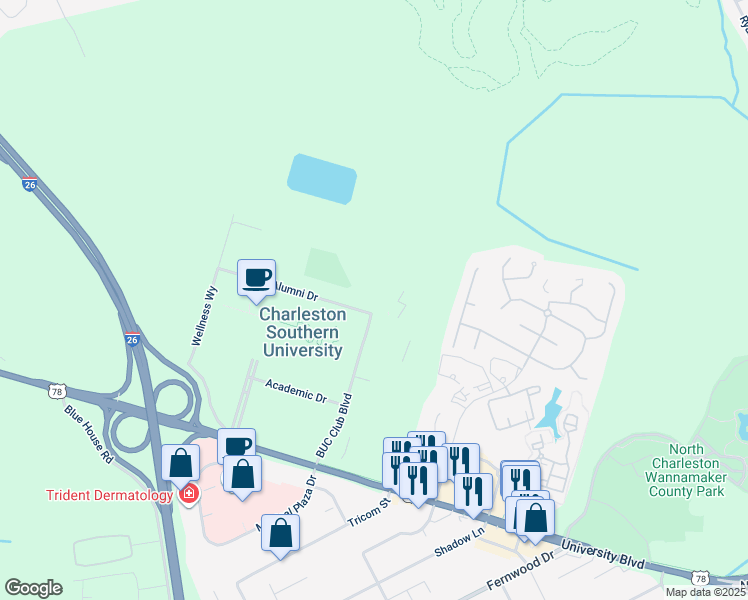 map of restaurants, bars, coffee shops, grocery stores, and more near 9200 University Boulevard in North Charleston