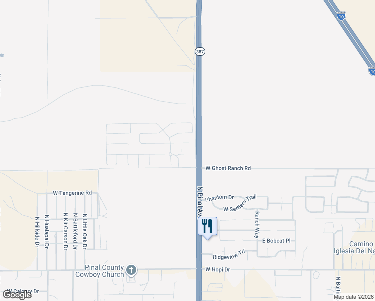 map of restaurants, bars, coffee shops, grocery stores, and more near 433 West Black Hawk Place in Casa Grande