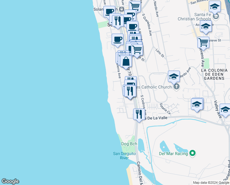 map of restaurants, bars, coffee shops, grocery stores, and more near 675 South Sierra Avenue in Solana Beach