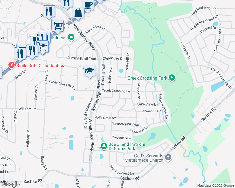 map of restaurants, bars, coffee shops, grocery stores, and more near 6917 Highland Crest Lane in Sachse