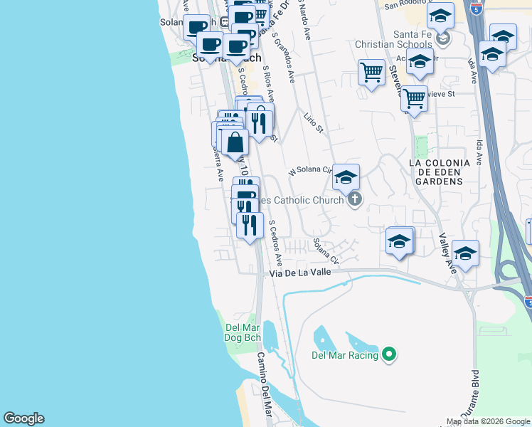map of restaurants, bars, coffee shops, grocery stores, and more near 710 South Cedros Avenue in Solana Beach