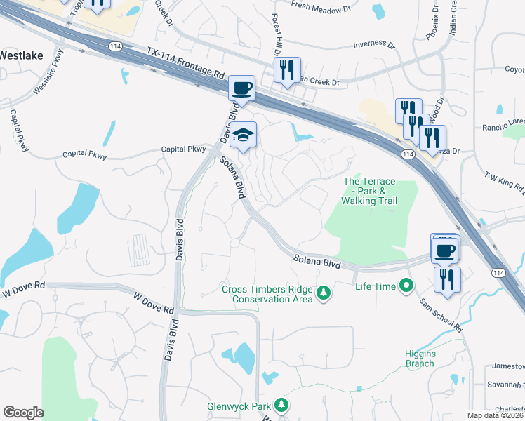 map of restaurants, bars, coffee shops, grocery stores, and more near 73 Cortes Drive in Westlake