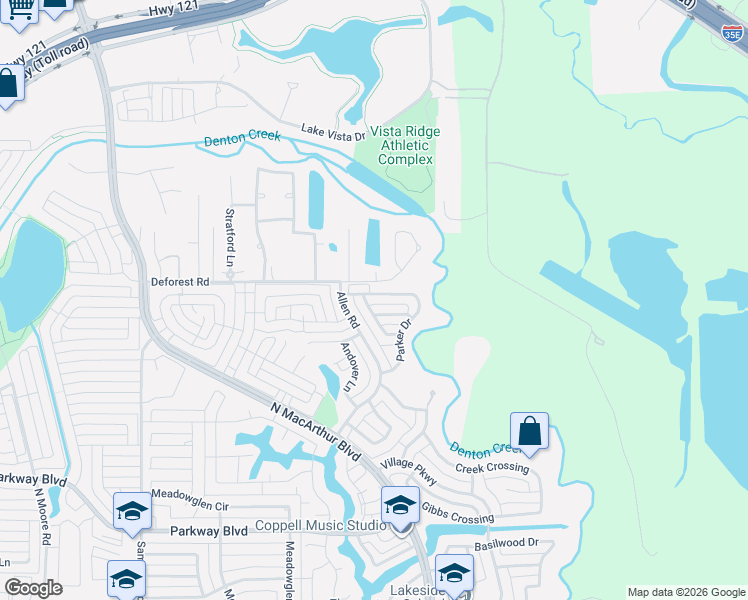 map of restaurants, bars, coffee shops, grocery stores, and more near 898 Brentwood Drive in Coppell