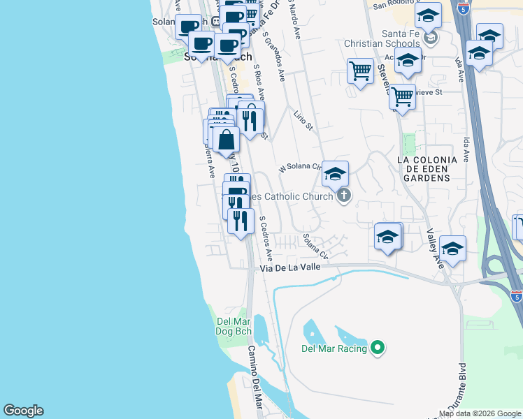 map of restaurants, bars, coffee shops, grocery stores, and more near 710 South Cedros Avenue in Solana Beach