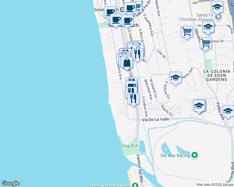 map of restaurants, bars, coffee shops, grocery stores, and more near 675 South Sierra Avenue in Solana Beach