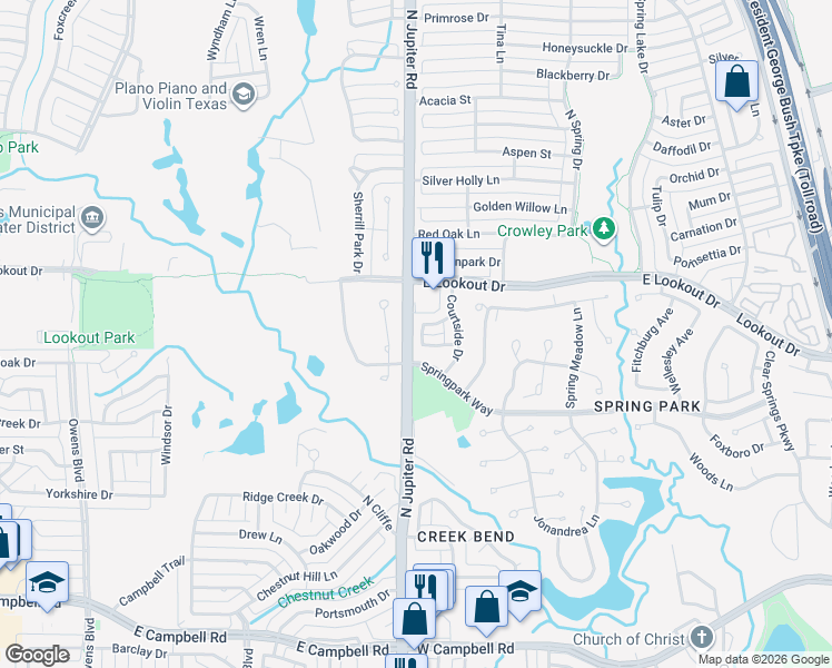 map of restaurants, bars, coffee shops, grocery stores, and more near 3458 Forest Hills Circle in Garland