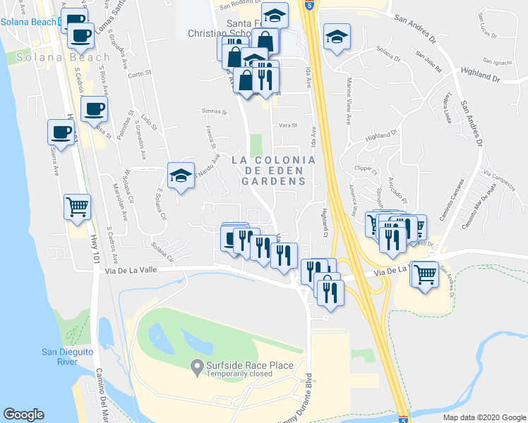 map of restaurants, bars, coffee shops, grocery stores, and more near 877 Stevens Avenue in Solana Beach