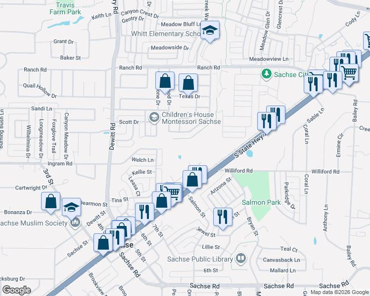 map of restaurants, bars, coffee shops, grocery stores, and more near 17 Cody Lane in Sachse