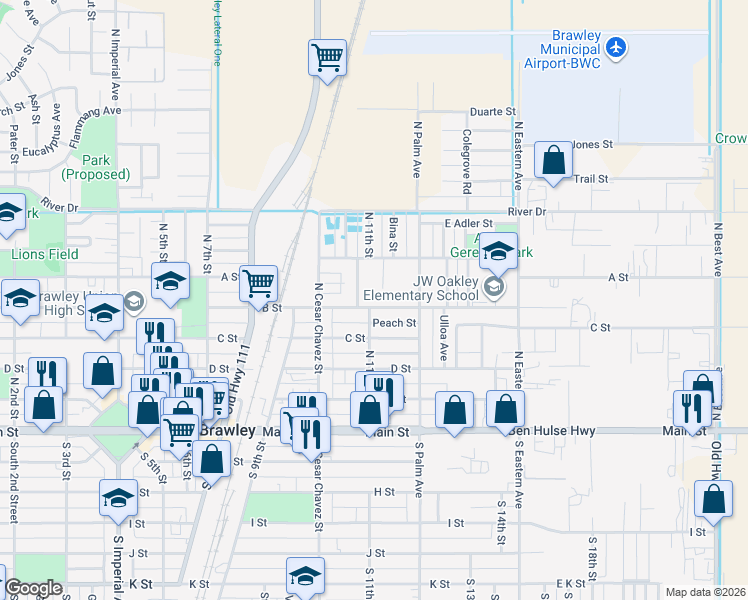 map of restaurants, bars, coffee shops, grocery stores, and more near 1107 B Street in Brawley