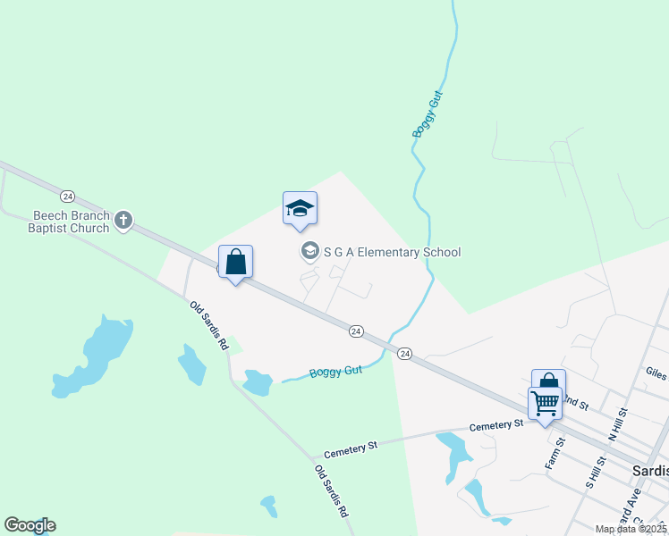 map of restaurants, bars, coffee shops, grocery stores, and more near 711 Greenhill Drive in Sardis