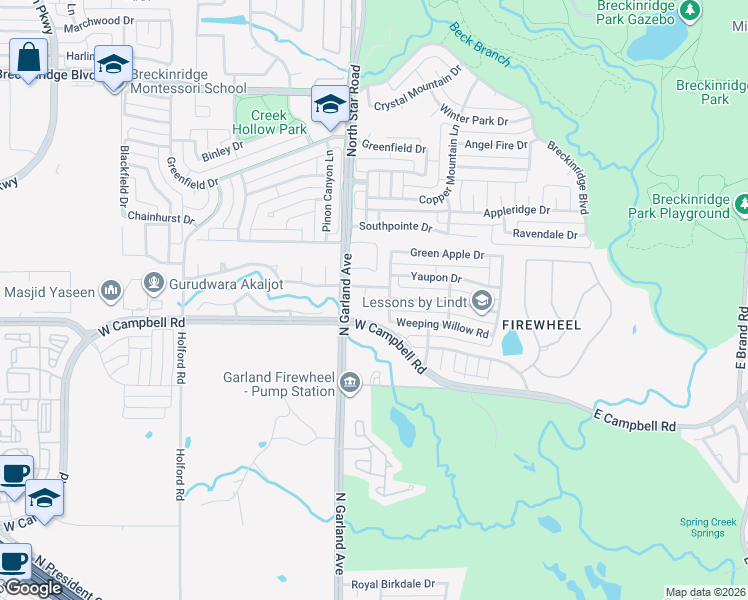 map of restaurants, bars, coffee shops, grocery stores, and more near 7402 Cactus Court in Garland