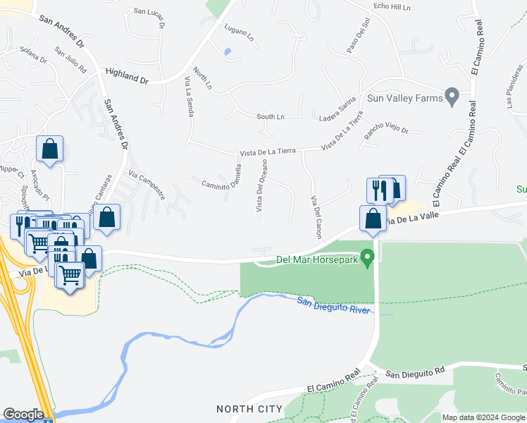 map of restaurants, bars, coffee shops, grocery stores, and more near 14825 Vista Del Oceano in Del Mar