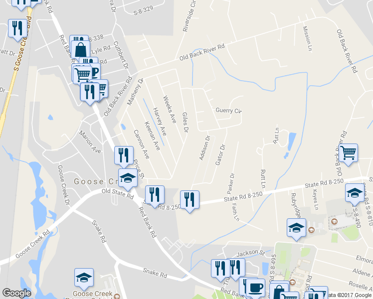 map of restaurants, bars, coffee shops, grocery stores, and more near 177 Giles Drive in Goose Creek