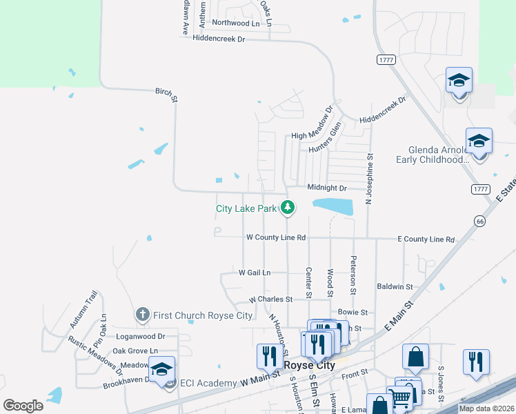 map of restaurants, bars, coffee shops, grocery stores, and more near 1112 Walnut Street in Royse City