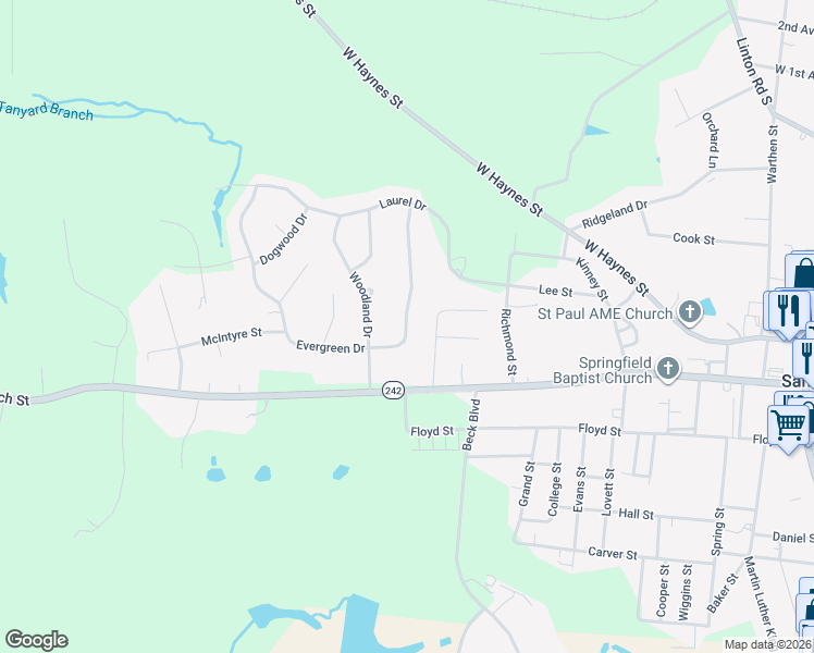 map of restaurants, bars, coffee shops, grocery stores, and more near 650 Evergreen Drive in Sandersville