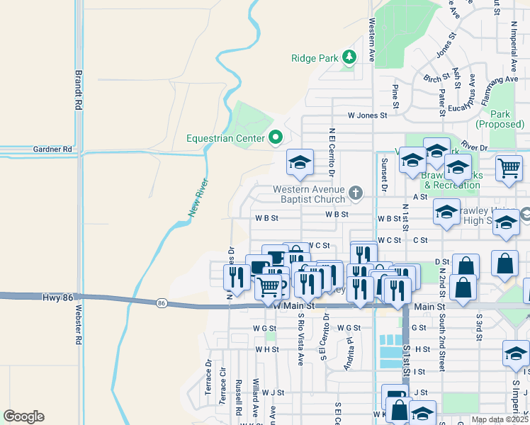map of restaurants, bars, coffee shops, grocery stores, and more near 451 W B St in Brawley