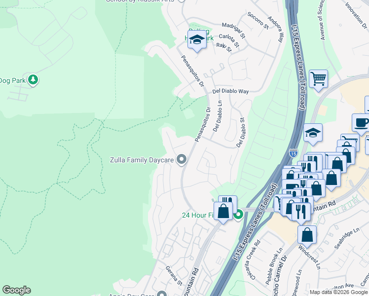 map of restaurants, bars, coffee shops, grocery stores, and more near 10975 Guadalimar Way in San Diego