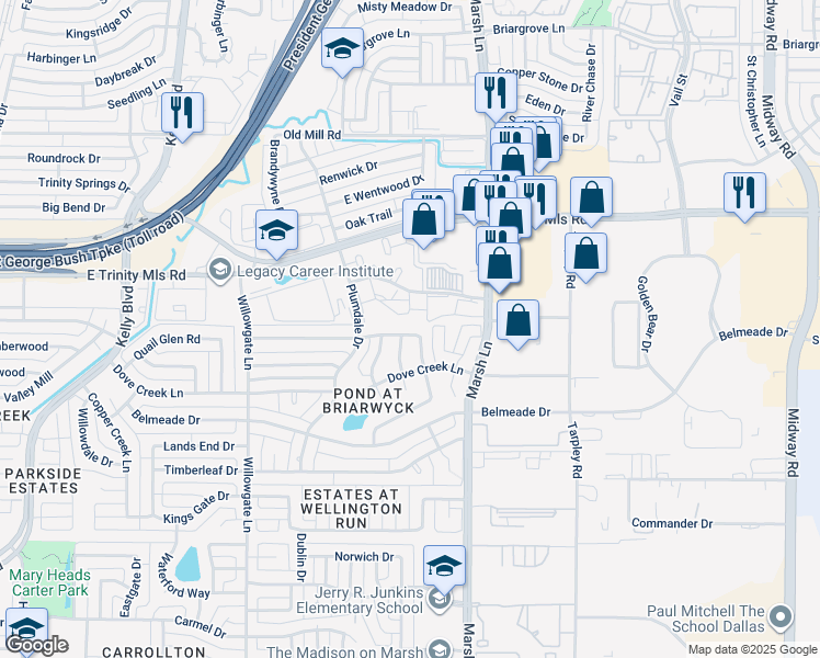 map of restaurants, bars, coffee shops, grocery stores, and more near 2723 Sedgeway Lane in Carrollton