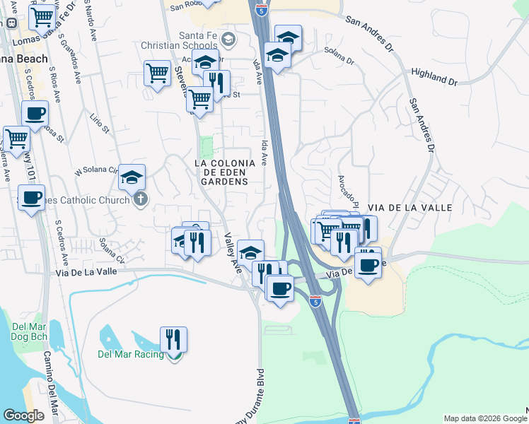 map of restaurants, bars, coffee shops, grocery stores, and more near 830 Highland Drive in Solana Beach
