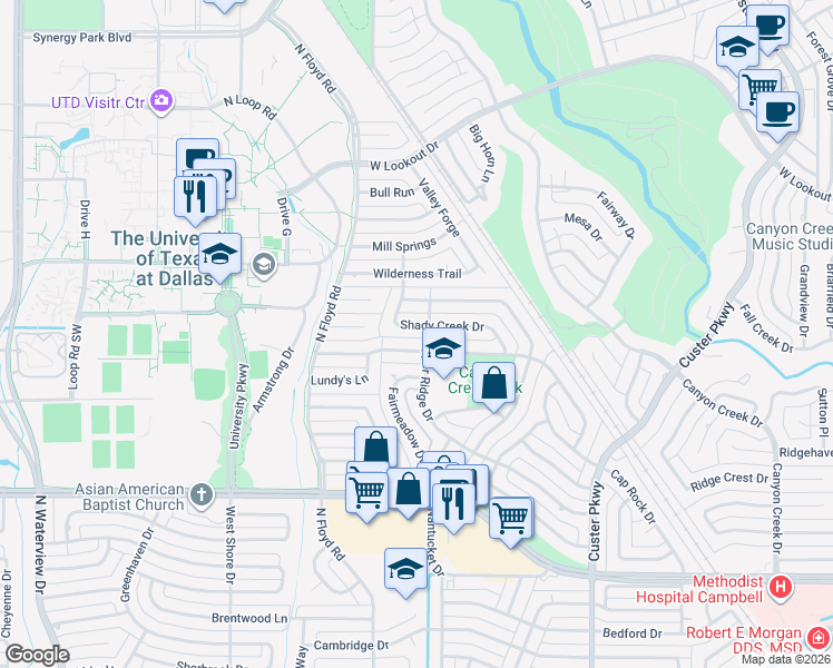 map of restaurants, bars, coffee shops, grocery stores, and more near 2303 Shady Creek Drive in Richardson