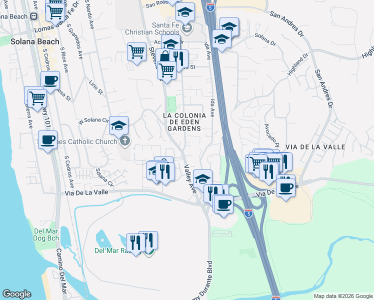 map of restaurants, bars, coffee shops, grocery stores, and more near 854 Valley Avenue in Solana Beach