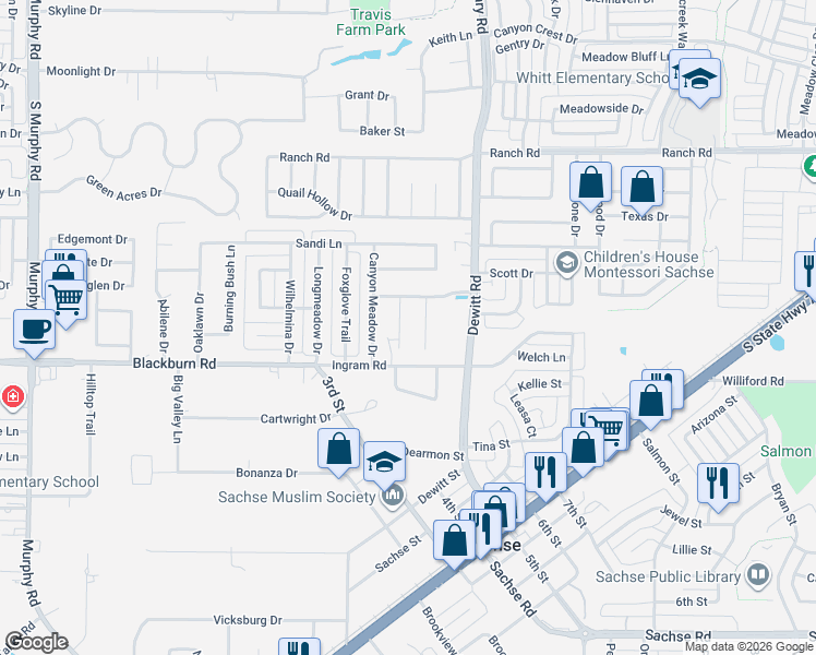 map of restaurants, bars, coffee shops, grocery stores, and more near 6814 Indian Meadow Court in Sachse