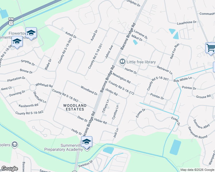 map of restaurants, bars, coffee shops, grocery stores, and more near 106 County Road S-18-272 in Summerville