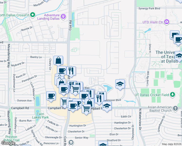 map of restaurants, bars, coffee shops, grocery stores, and more near 8047 Copper Way in Dallas