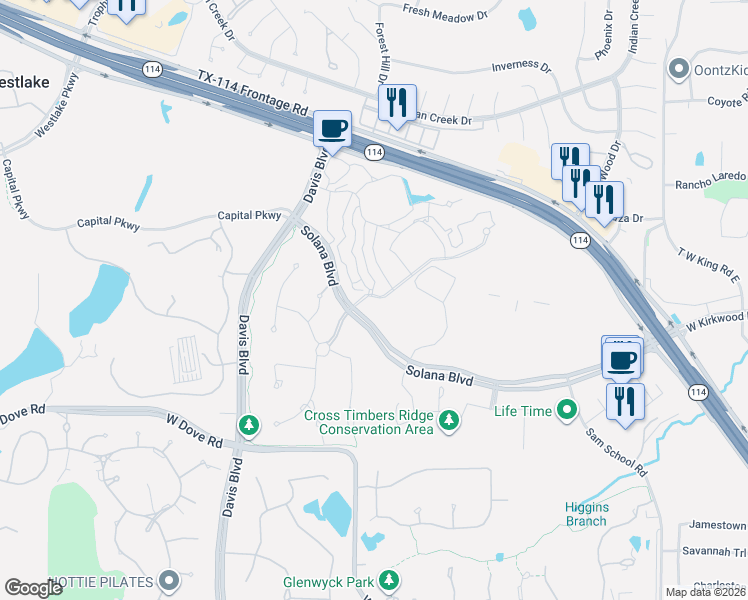 map of restaurants, bars, coffee shops, grocery stores, and more near 2 Comillas Drive in Westlake