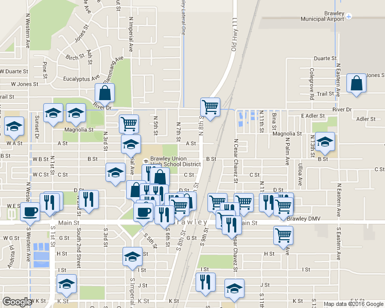 map of restaurants, bars, coffee shops, grocery stores, and more near 753 B Street in Brawley
