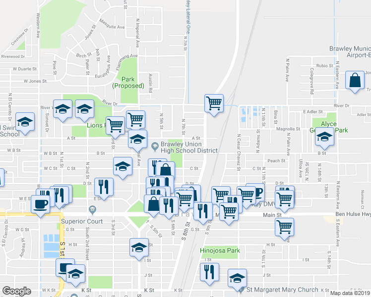 map of restaurants, bars, coffee shops, grocery stores, and more near 701 B Street in Brawley
