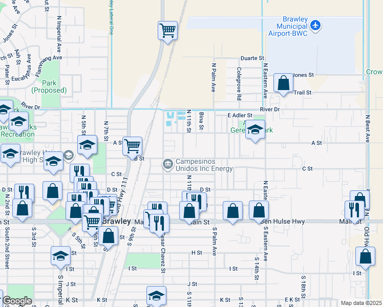 map of restaurants, bars, coffee shops, grocery stores, and more near 1109 B Street in Brawley
