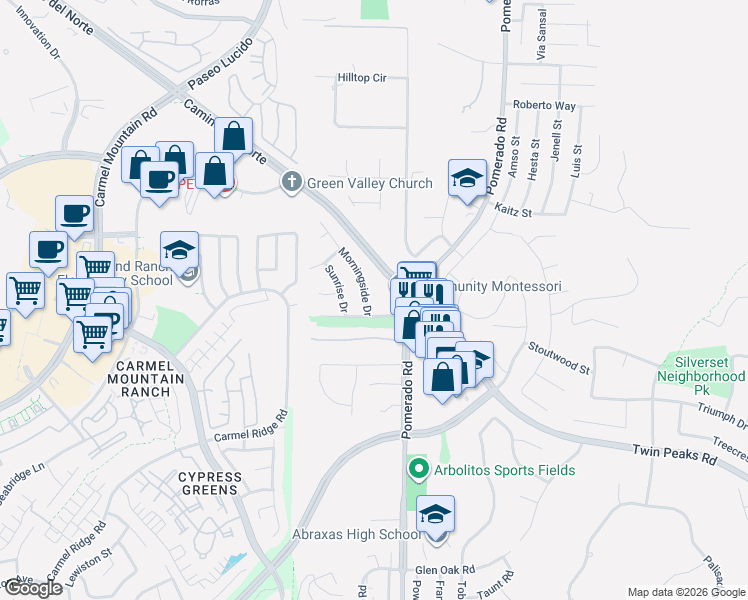 map of restaurants, bars, coffee shops, grocery stores, and more near 14813 Morningside Drive in Poway