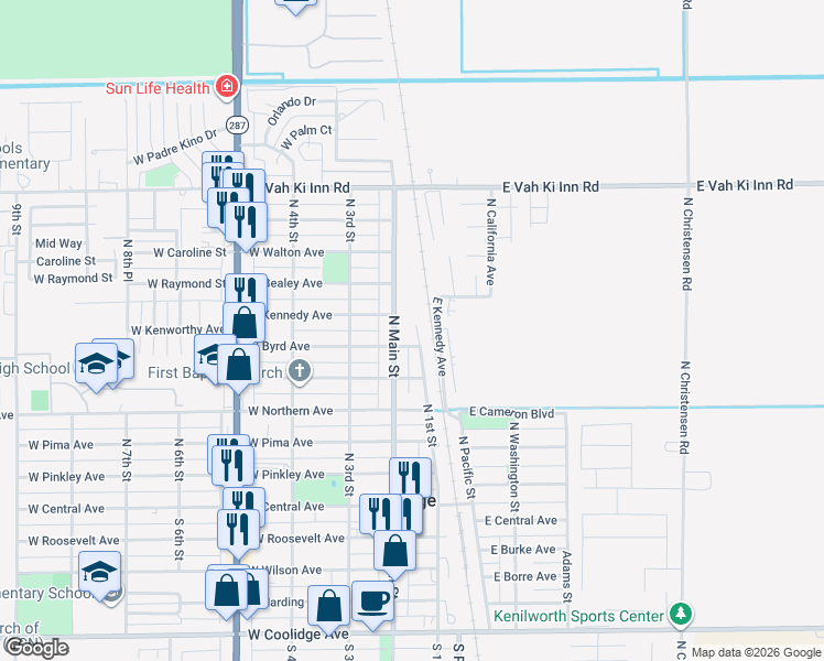 map of restaurants, bars, coffee shops, grocery stores, and more near 623 North Main Street in Coolidge