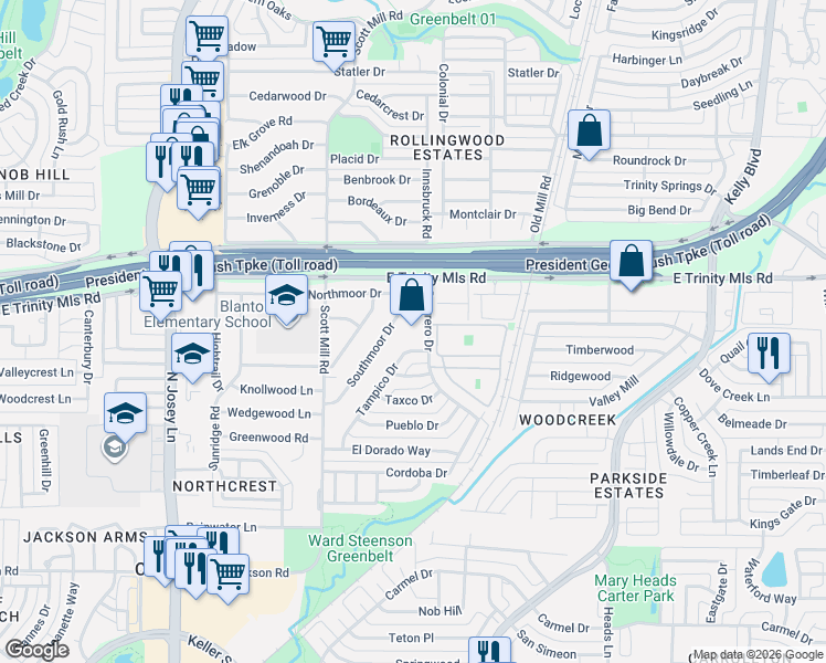 map of restaurants, bars, coffee shops, grocery stores, and more near 2527 Guerrero Drive in Carrollton