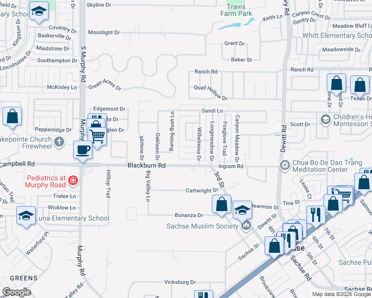 map of restaurants, bars, coffee shops, grocery stores, and more near 1909 Cottonwood Street in Sachse