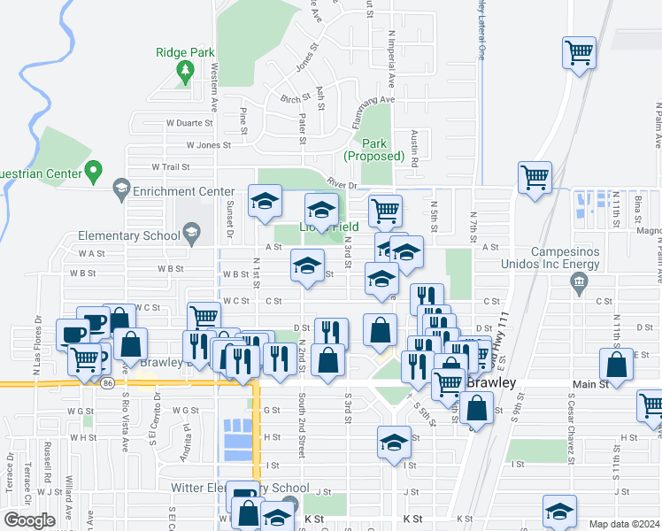map of restaurants, bars, coffee shops, grocery stores, and more near 285 B Street in Brawley