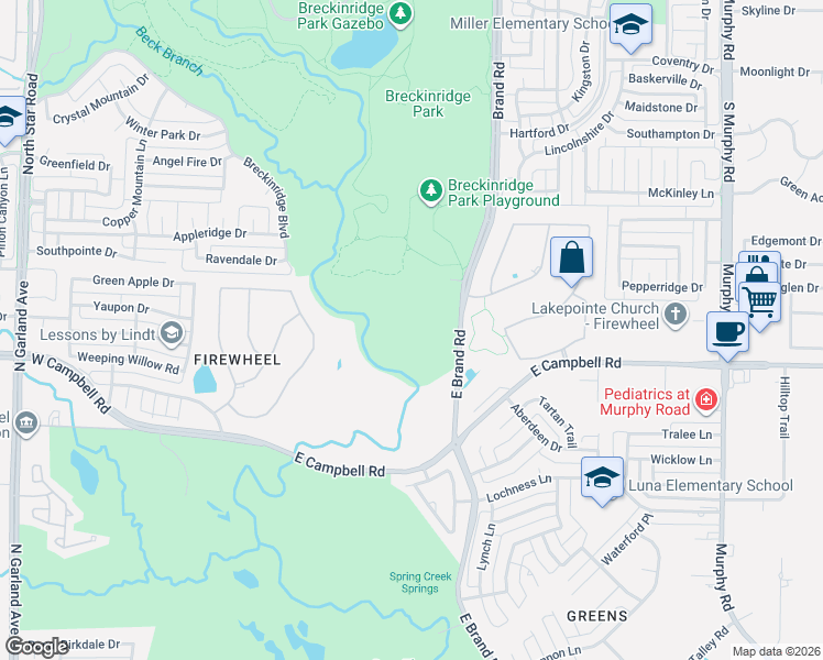 map of restaurants, bars, coffee shops, grocery stores, and more near 2675 Brand Road in Garland