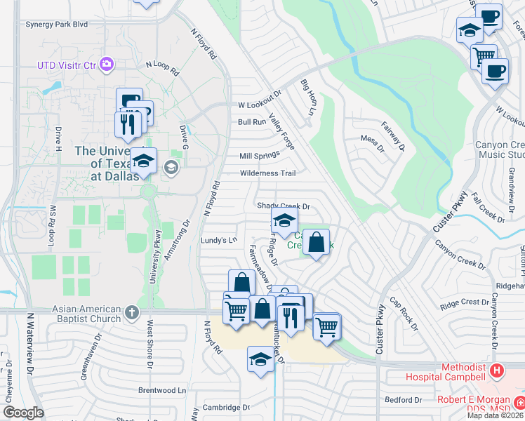 map of restaurants, bars, coffee shops, grocery stores, and more near 2303 Shady Creek Drive in Richardson
