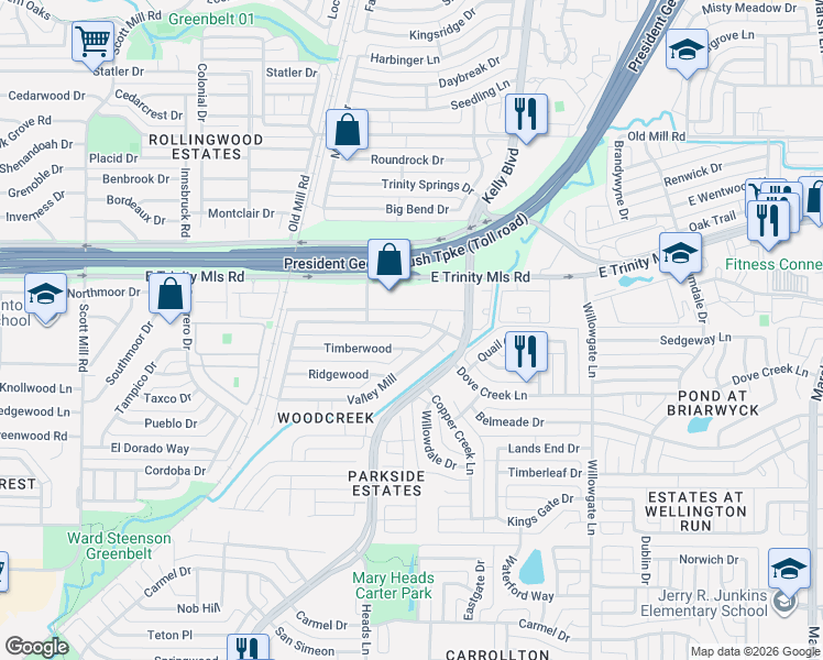 map of restaurants, bars, coffee shops, grocery stores, and more near 2264 Woodcreek in Carrollton
