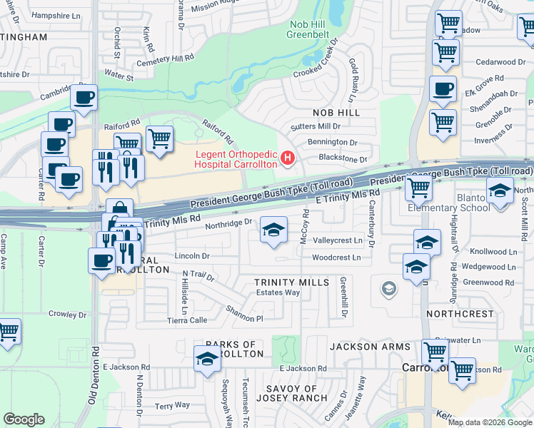 map of restaurants, bars, coffee shops, grocery stores, and more near 1439 Northridge Drive in Carrollton